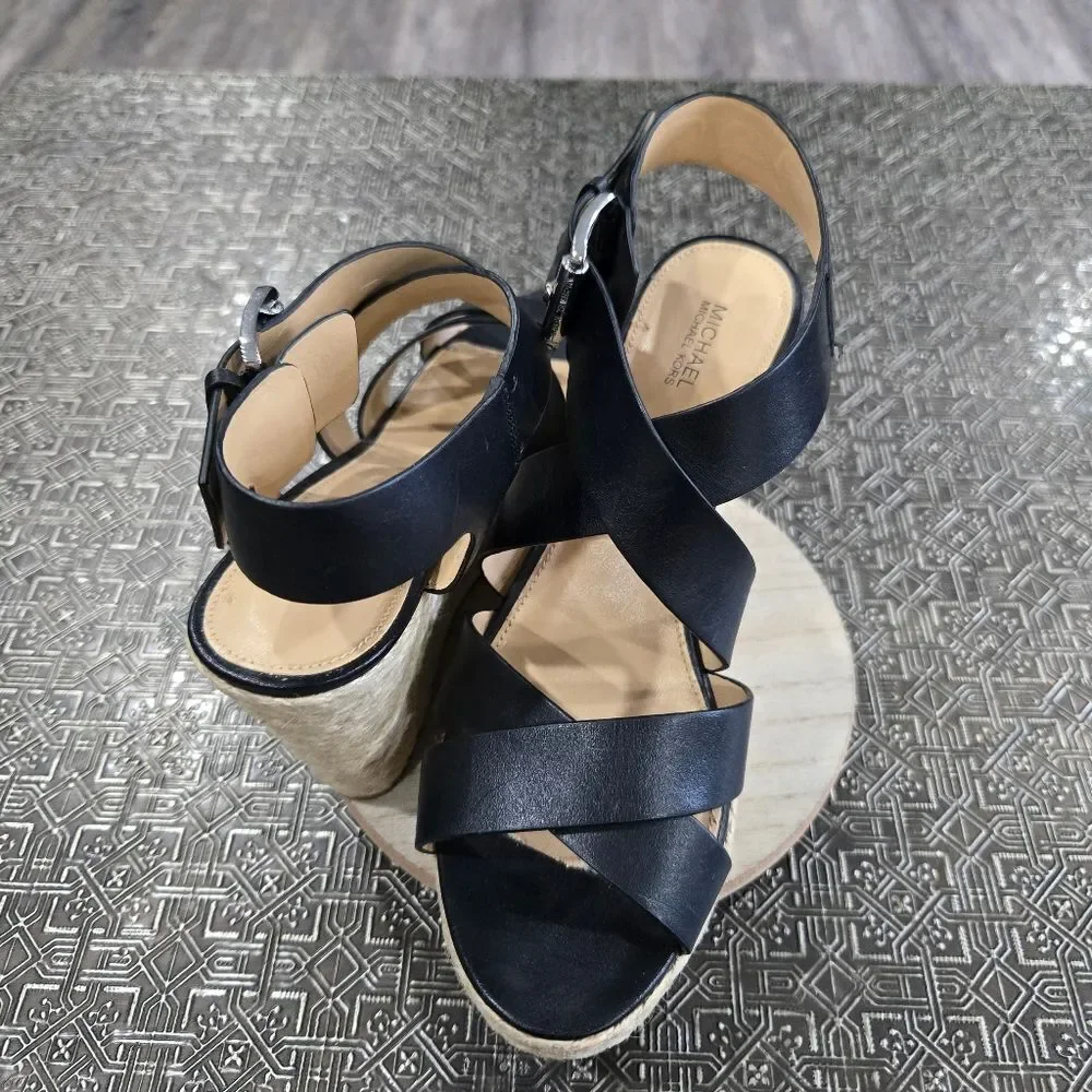 🐢 Michael Kors Black Espiridelles  Wedges 4.5" Heel SIZE 8.5 - Picture 13 of 15